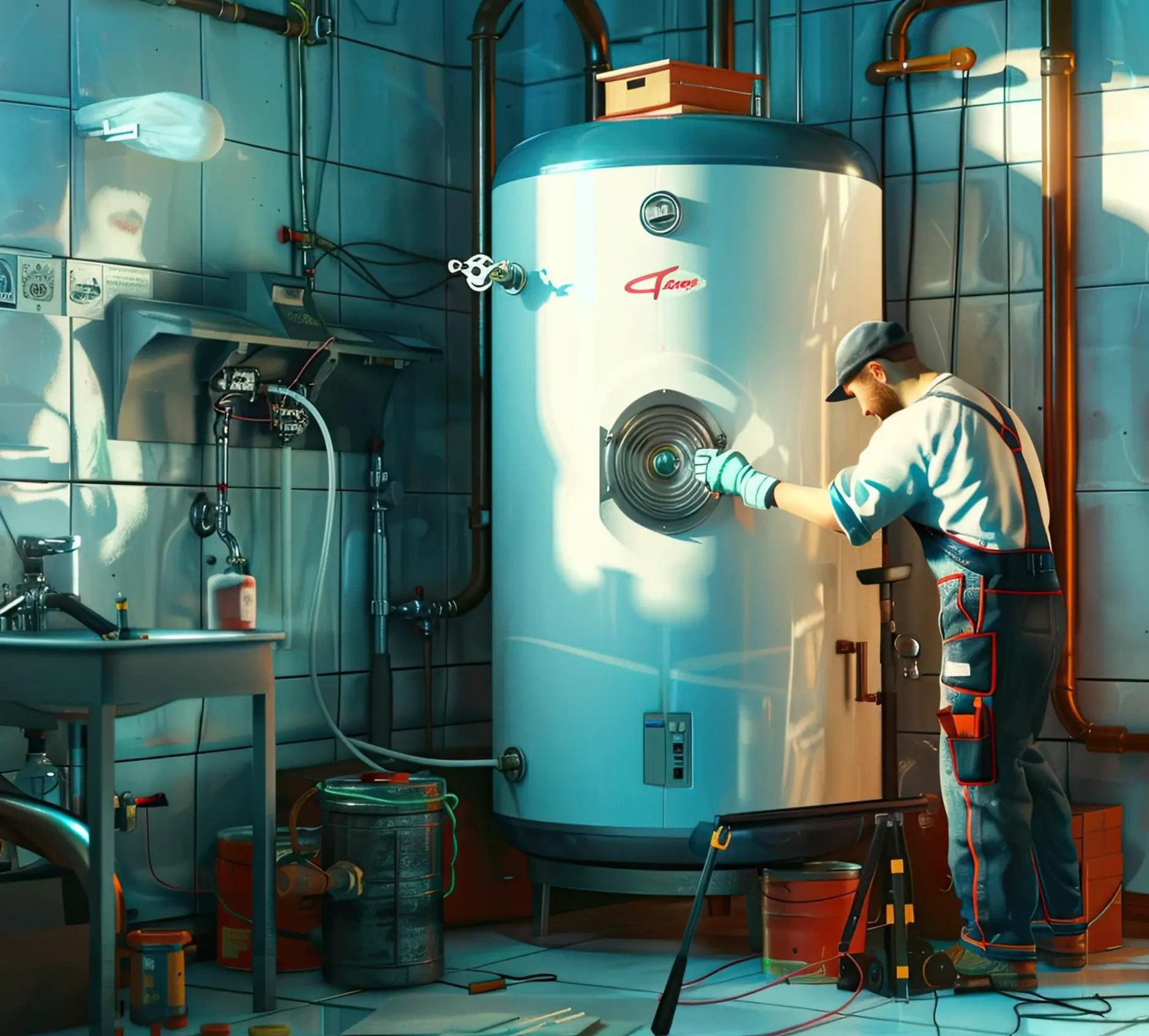 Technician servicing industrial water heater and utility system equipment