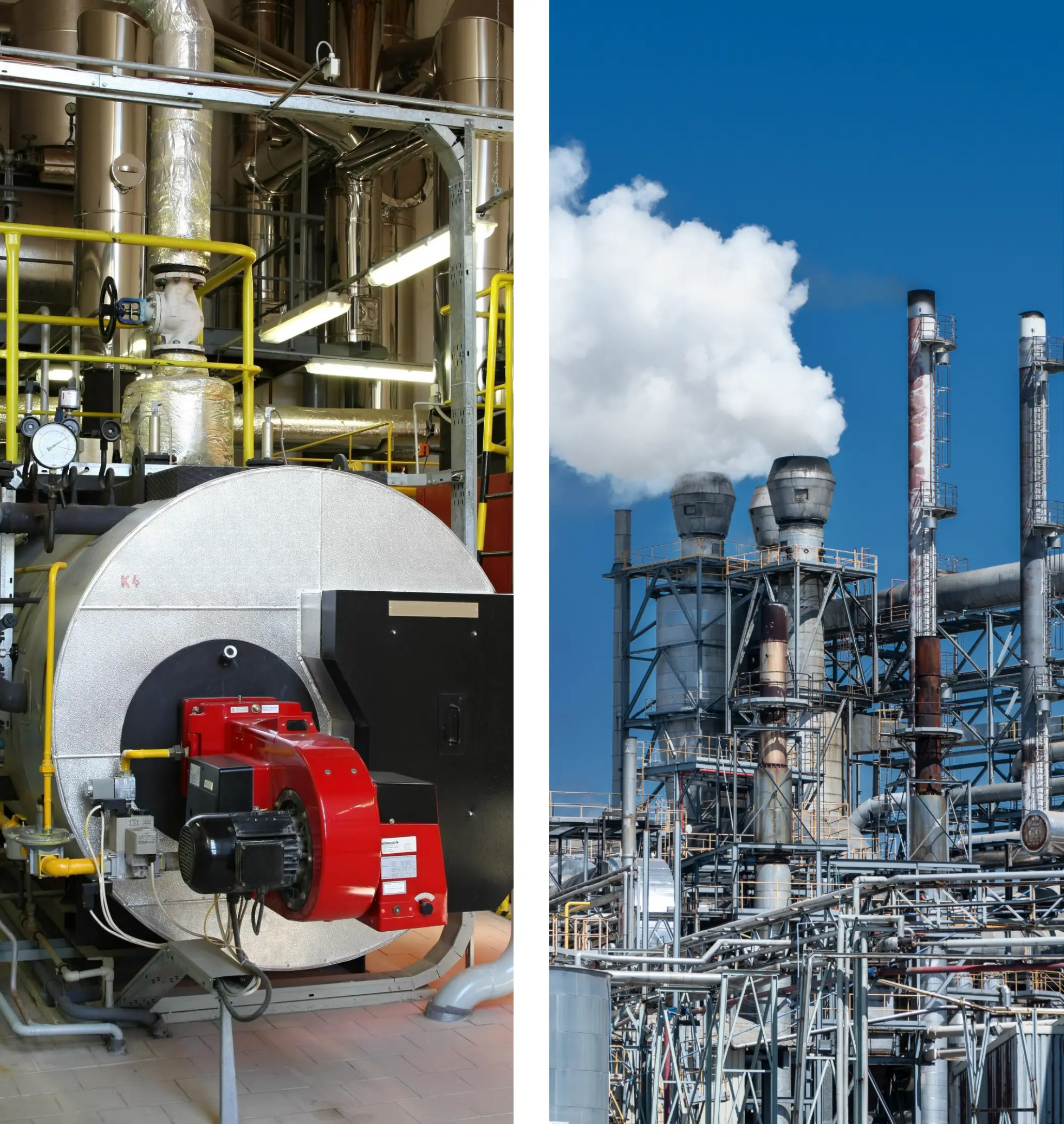 Industrial steam boiler with burner and piping system in manufacturing plant